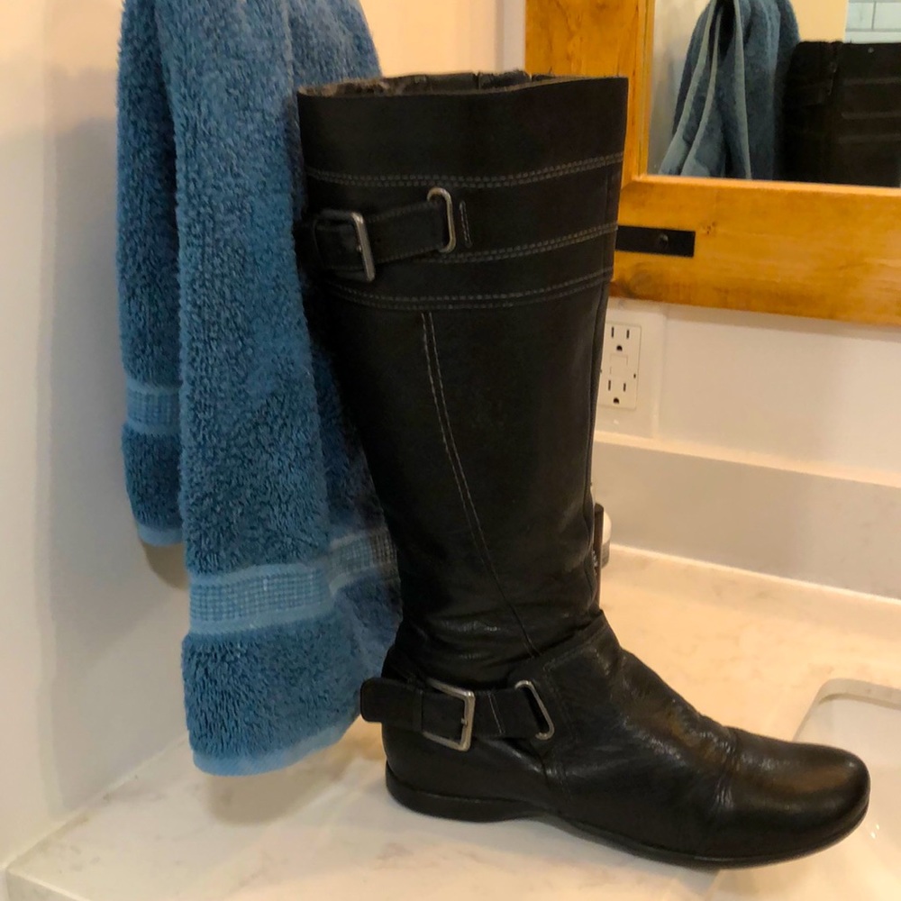 ECCO BLACK LEATHER BOOTS TALL WINTER BOOT TEDDY BEAR LINING WOMEN SIZE 37